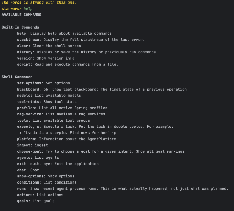 Show all the commands supported by the shell.