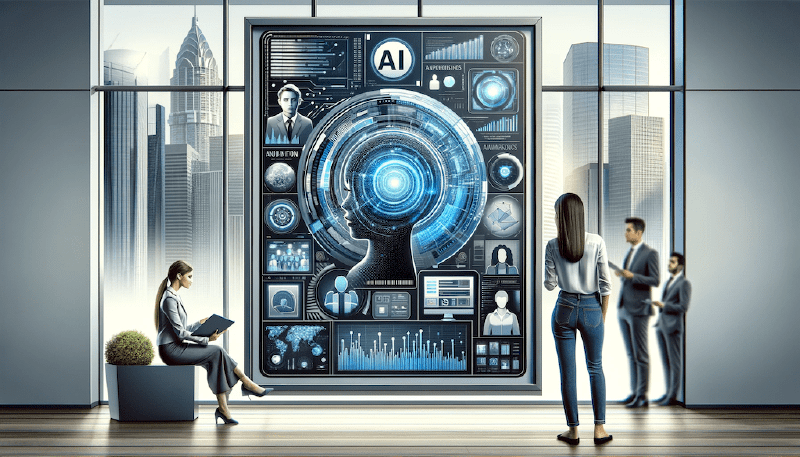Image generated by DALL E with the prompt: Create an advertisement poster that convinces business people to start using Generative AI