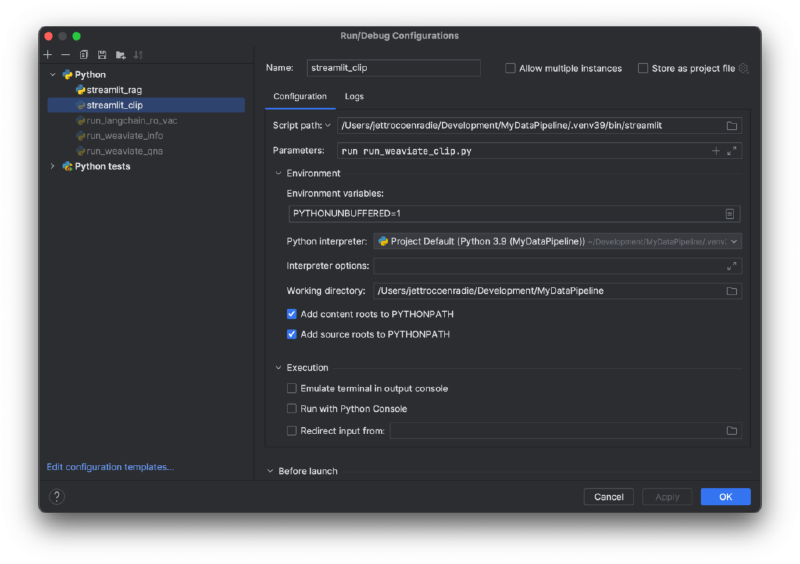 pycharm run configuration for a streamlt app