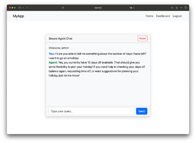 The React application showing the response of the agent to my question