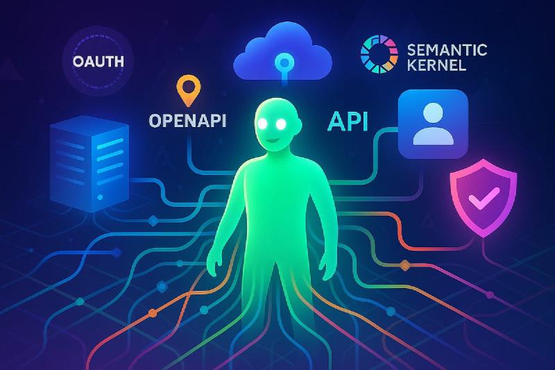 A vibrant, futuristic digital scene showing a humanoid AI agent glowing with soft green light, connected via flowing data streams to multiple secure servers, cloud systems, and identity providers. In the background, abstract icons for OAuth, OpenAPI, Semantic Kernel and security shields are subtly integrated into the design. The agent stands confidently and friendly, as if acting on behalf of a user, surrounded by a colorful mesh network of APIs and digital twins. Style is colorful, high-tech, and clean, with gradients and soft lighting, in a modern digital art style.