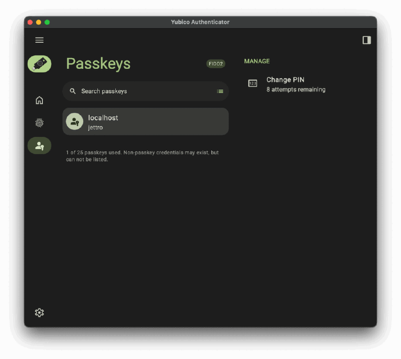 The key for localhost is added to the passkeys.