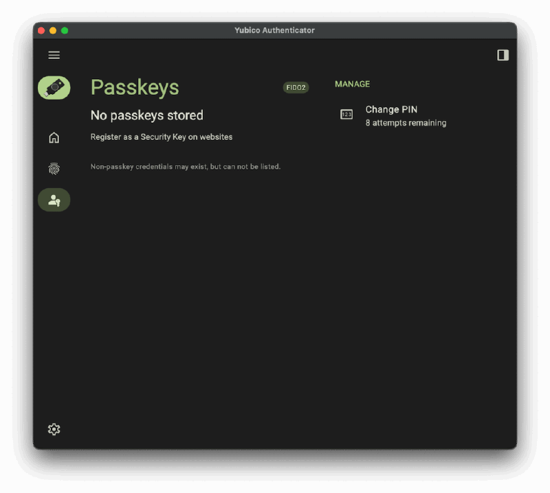 The Yubi Authenticator shows there are no registered credentials.