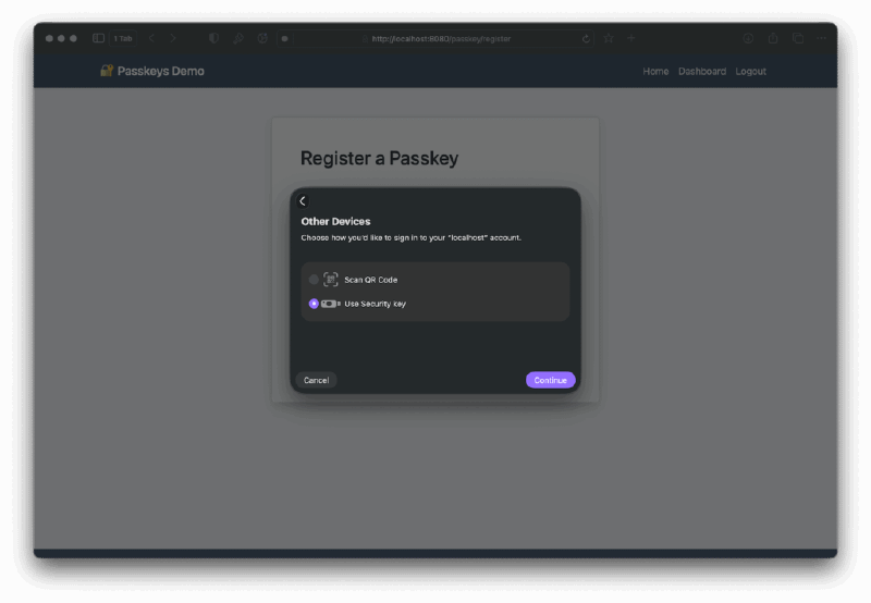 Now choose the security key to connect the YubiKey.