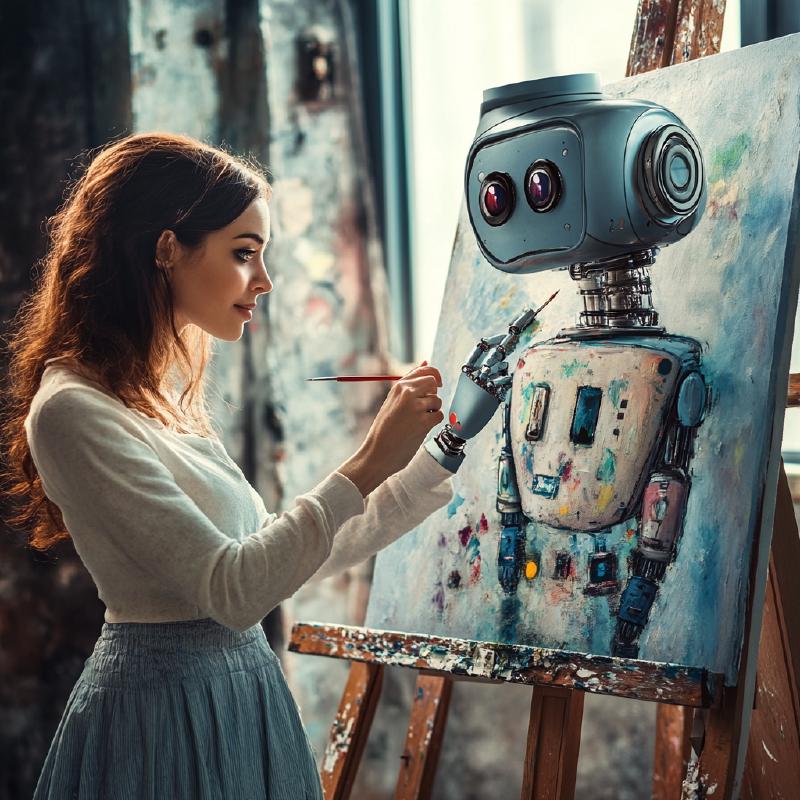 Midjourney: A friendly robot and a human creating a a painting together symbolising their friendship. Notice the parts of the picture that cannot be real, such as the robot head sticking out of the painting and the girl with a robot hand.